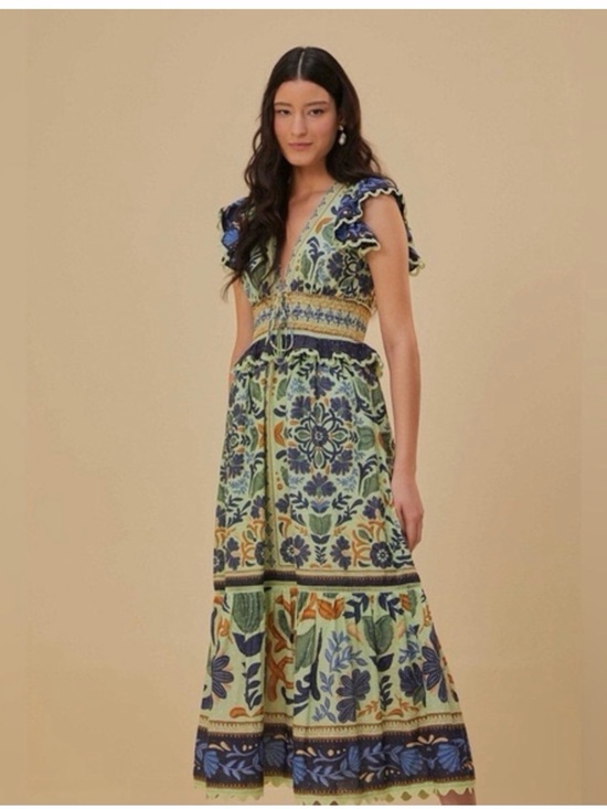 FARM Rio Dresses & Skirts - FARM Rio Green Floral Tiered Maxi Dress with Blue and Yellow Accents